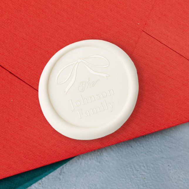 Simple Bow Family Name Wax Seal Stamp (Elegant hand drawn bow Christmas holiday wax seal stamp.)