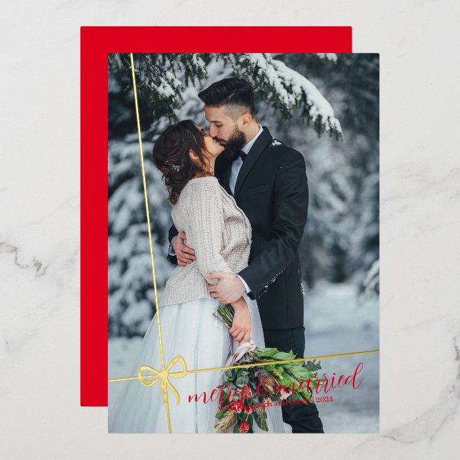 Simple Bow Gold Foil Merry & Married Christmas  Foil Invitation (Front/Back)