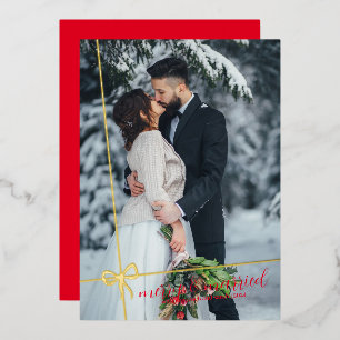 Simple Bow Gold Foil Merry & Married Christmas  Invitation