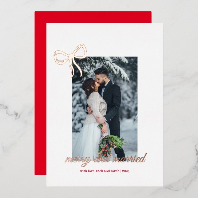 Simple Bow Gold Foil Merry & Married Christmas  Invitation (Front/Back)