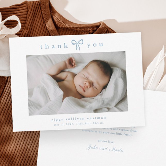 Simple Bow Photo Baby Stats Thank You Card (Hand Drawn Blue Bow Baby Photo Announcement Thank You Card.)