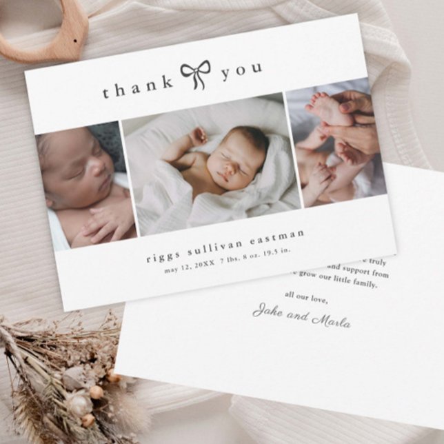 Simple Bow Photo Collage Baby Thank You Card (Simple hand-drawn bow black and white 3 photo collage baby announcement thank you cards.)