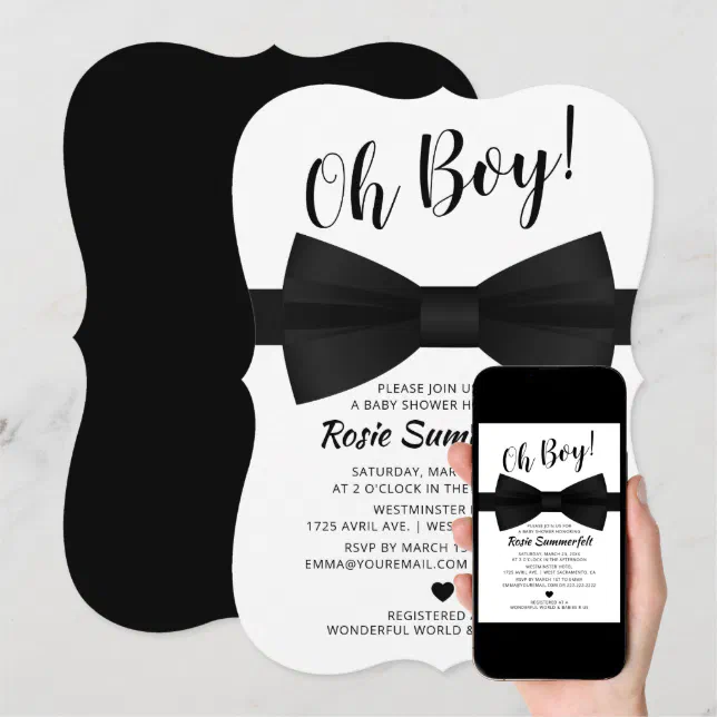 Simple Bow Tie Black & White | Baby Shower Invitation | Zazzle