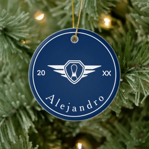 Simple Bowling Game Logo Custom Name &amp; Year Blue Ceramic Ornament