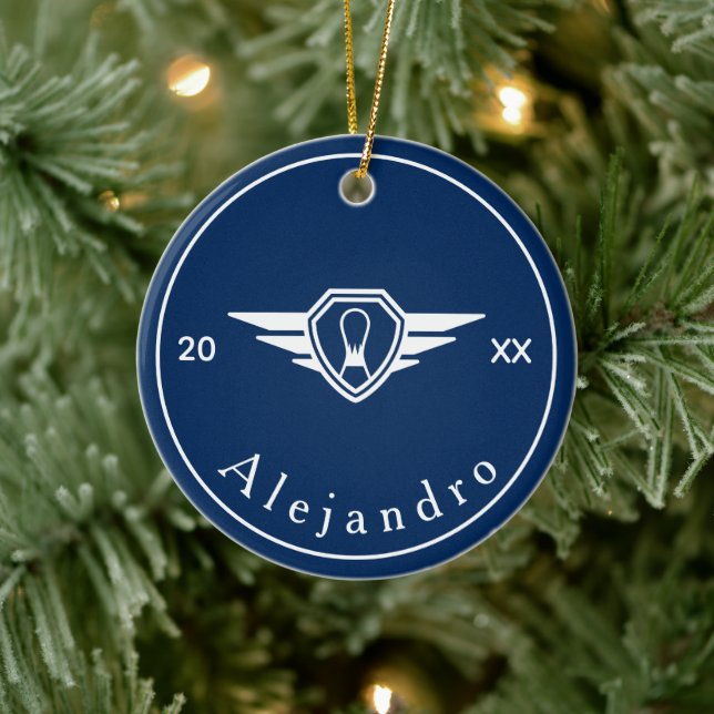 Simple Bowling Game Logo Custom Name & Year Blue Ceramic Ornament (Tree)