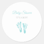 Simple Boy Baby Shower Precious Blue Footprints Classic Round Sticker at Zazzle