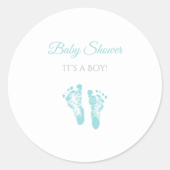 Simple Boy Baby Shower Precious Blue Footprints Classic Round Sticker by PartyPlans at Zazzle