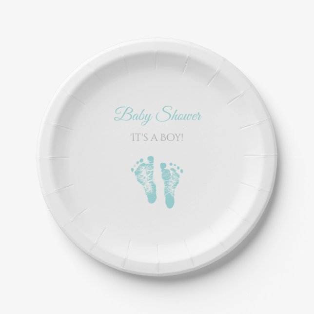 Simple Boy Baby Shower Precious Blue Footprints Paper Plates (Front)