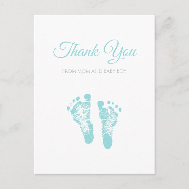 Simple Boy Baby Shower Thank You Blue Footprints Postcard (Front)