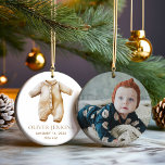Simple Boy First Christmas with Birth Stats Photo  Ceramic Ornament<br><div class="desc">Celebrate your baby boy's very first Christmas in a heartwarming style! This Christmas Ornament features your precious one's birth stats and photograph,  making it a timeless keepsake. A perfect heirloom that grows in sentimental value each festive season!
Ornament Collection</div>