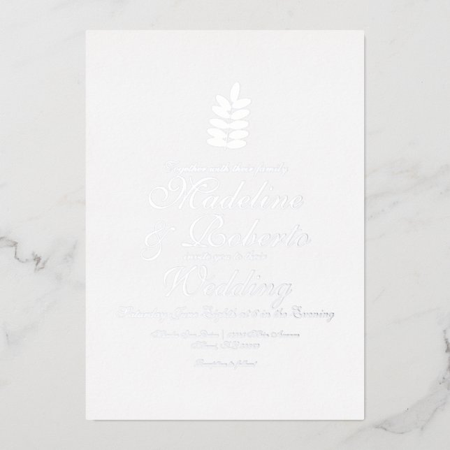 Simple Branch Foil Pressed Wedding Foil Silver Invitation (Front)