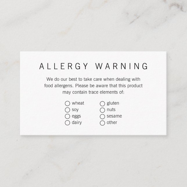Simple Brand Ready Bakery Food Allergen Card (Front)