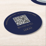Simple Branded Business Logo QR Code Promotional Round Paper Coaster<br><div class="desc">Add branded detail to your business with this navy blue & gold paper coaster. This design features template for your logo and QR code.(*Use PNG QR code file with transparent background) You can use this custom coasters for restaurants, cafe, bar, banquets, or events. More business supplies are available at my...</div>