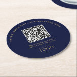 Simple Branded Business Logo QR Code Promotional Round Paper Coaster<br><div class="desc">Add branded detail to your business with this navy blue & gold paper coaster. This design features template for your logo and QR code.(*Use PNG QR code file with transparent background) You can use this custom coasters for restaurants, cafe, bar, banquets, or events. More business supplies are available at my...</div>