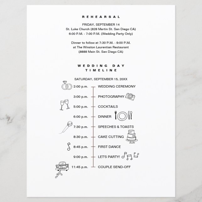 Simple  bridal party Wedding Timeline list (Back)