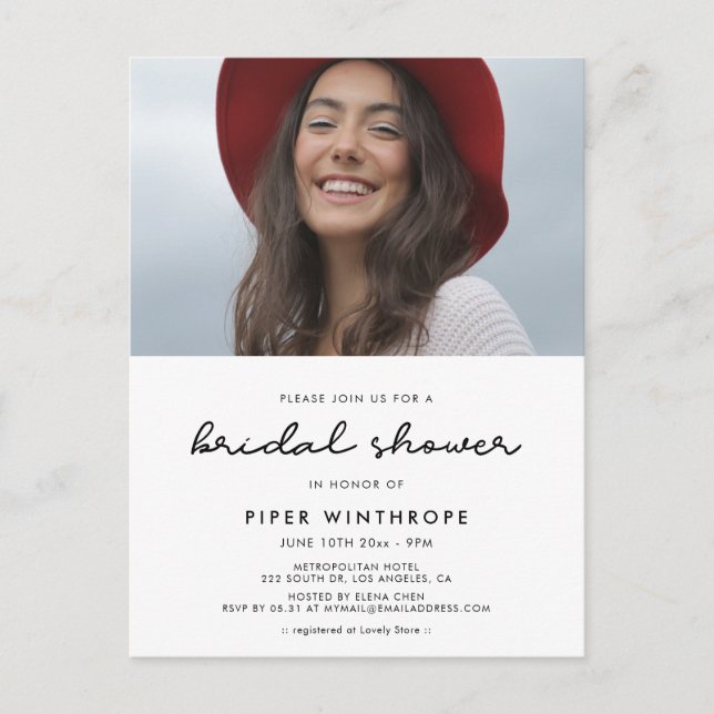 Simple bridal shower photo invitation postcard (Front)