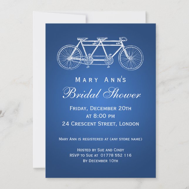 Simple Bridal Shower Tandem Bike Blue Invitation (Front)