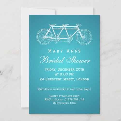 Simple Bridal Shower Tandem Bike Turquoise Invitation