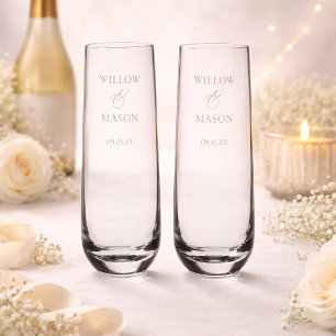 Simple Bride and Groom Ampersand Wedding Stemless Champagne Flute