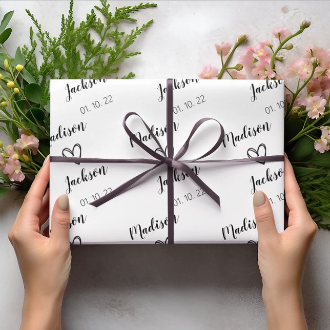 Simple Bride & Groom Names Wedding White Wrapping Paper (Creator Uploaded)