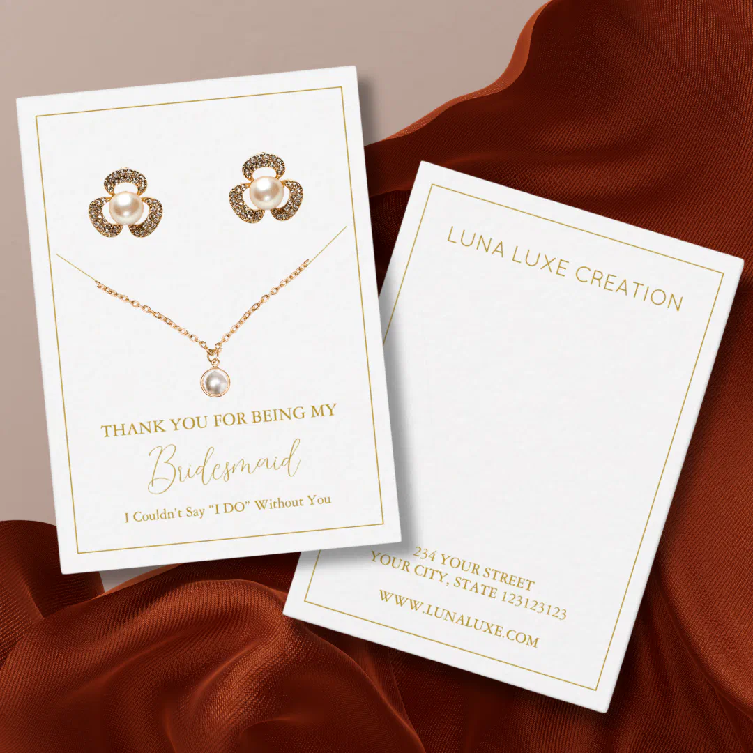 Custom jewelry display card for bridesmaid earrings and necklace featuring a simple design with a white marble background texture.