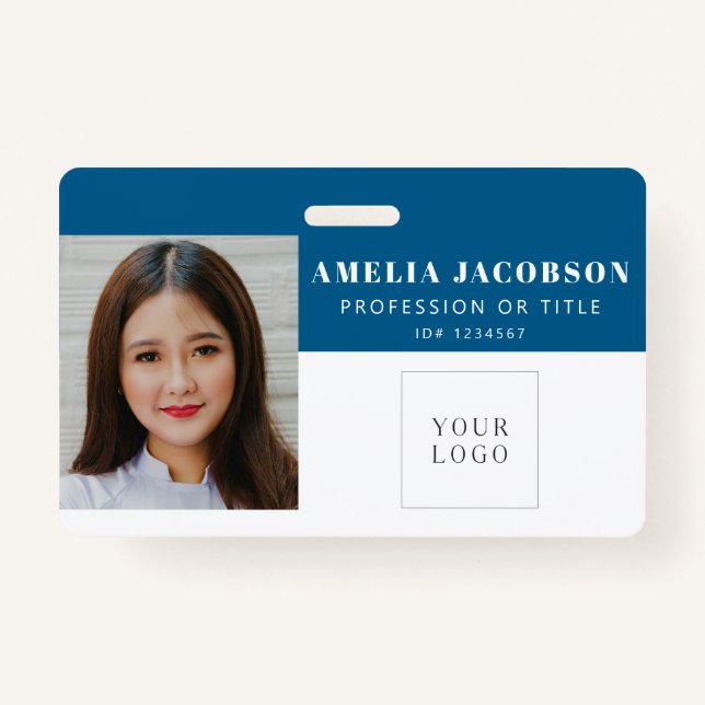Simple Bright Blue Employee Photo ID Logo Barcode  Badge (Front)