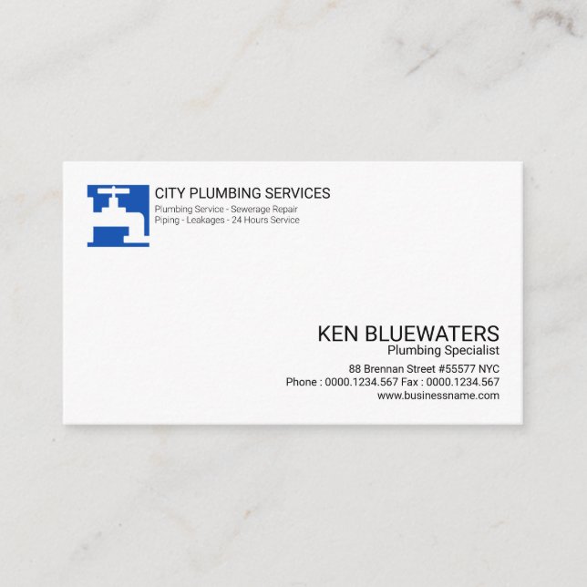 Simple Bright Blue Tap Icon Professional Plumbing Business Card (Front)