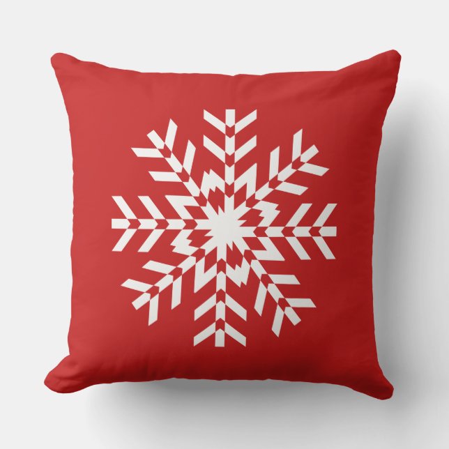 Simple Bright Red and White Christmas Snowflake Outdoor Pillow (Front)