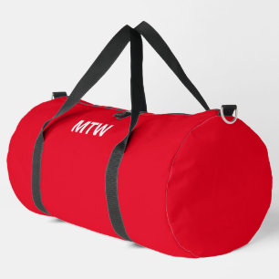 Simple Bright Red and White Monogram Initials Text Duffle Bag