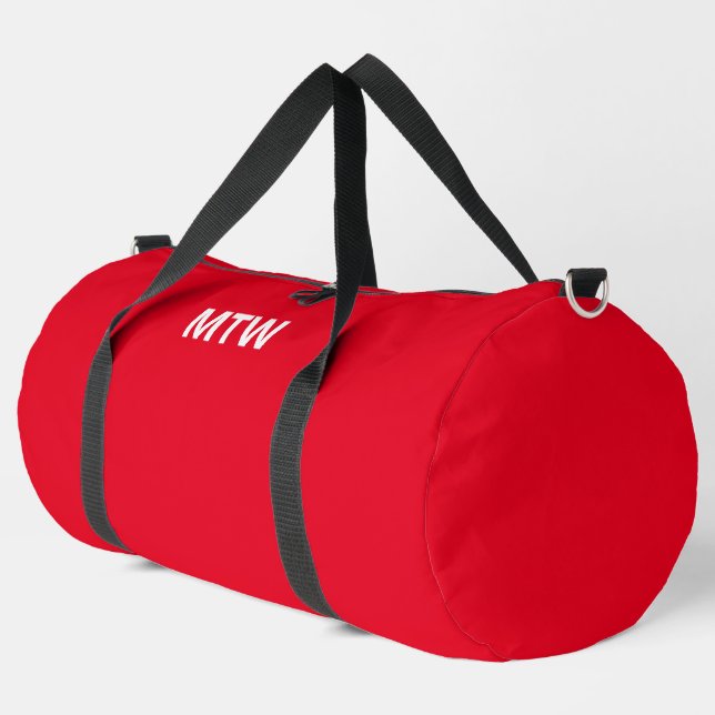 Simple Bright Red and White Monogram Initials Text Duffle Bag (Left Corner)
