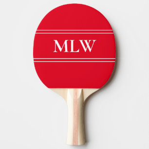 Simple Bright Red and White Monogrammed Ping Pong Paddle