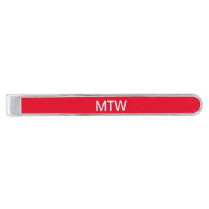 Simple Bright Red and White Text Monogram Silver Finish Tie Bar