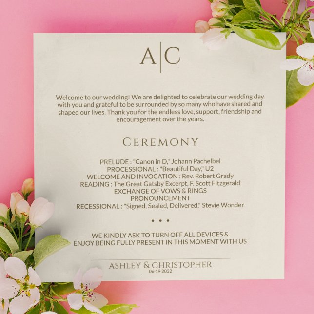 Simple Bronze & Gold Monogram Wedding Ceremony Program (Creator Uploaded)