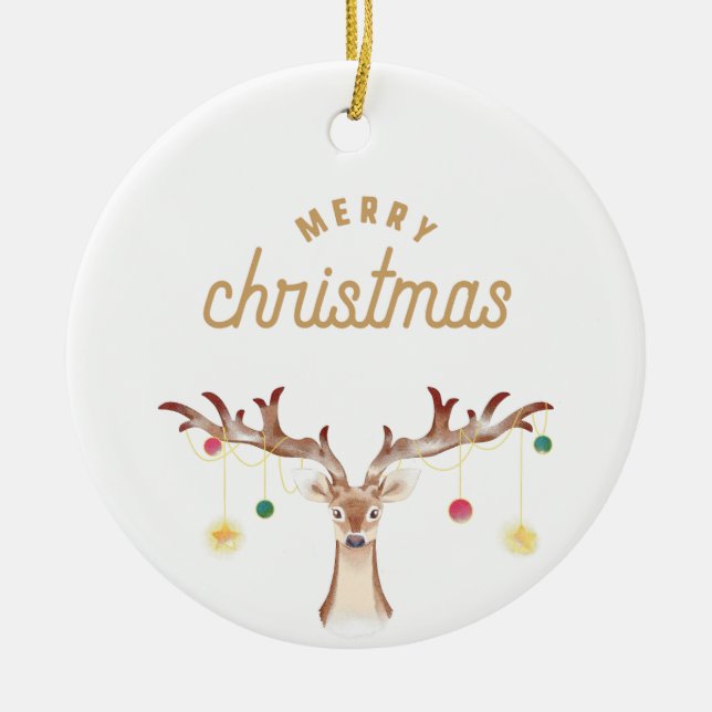 Simple Brown Aesthetic Reindeer Christmas Photo Ceramic Ornament (Front)