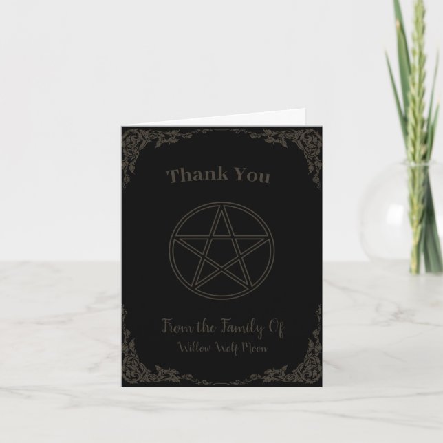 Simple Brown and Black Pagan Funeral  Letterpress Thank You Card (Front)