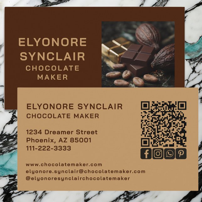 Simple Brown Chocolate Maker Cacao Photo Social QR Business Card (Creator Uploaded)