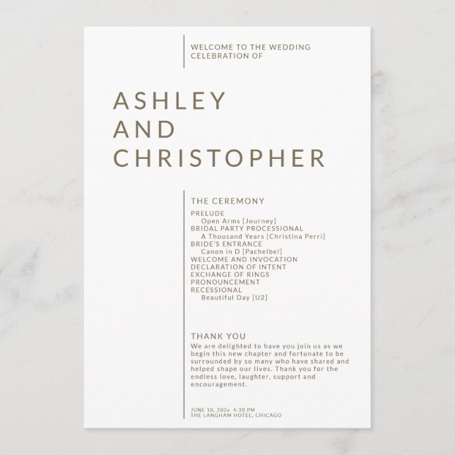 Simple Brown Isolated Names Wedding Ceremony Program (Front)