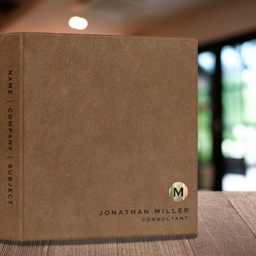 Simple Brown Leather Gold Monogram 3 Ring Binder