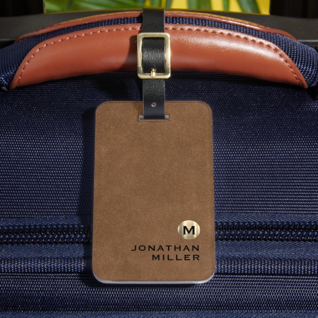 Simple Brown Leather Gold Monogram Luggage Tag (Front Insitu 2)