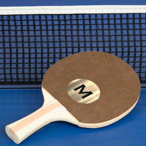 Simple Brown Leather Gold Monogram Ping Pong Paddle