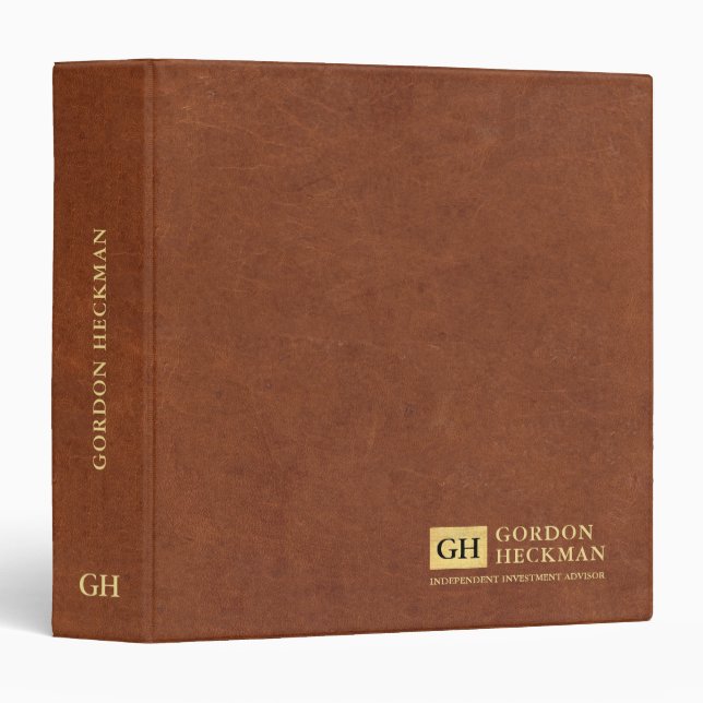 Simple Brown Leather Texture Custom Monogram 3 Rin Ring Binder (Front/Spine)