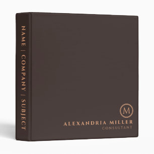 Simple Brown & Neutral Monogram Name & Title 3 Ring Binder