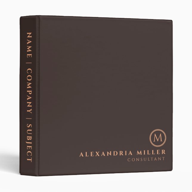 Simple Brown & Neutral Monogram Name & Title 3 Ring Binder (Front/Spine)