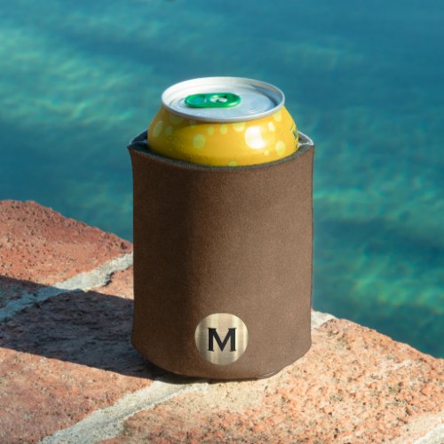 Simple Brown Suede Gold Monogram Can Cooler