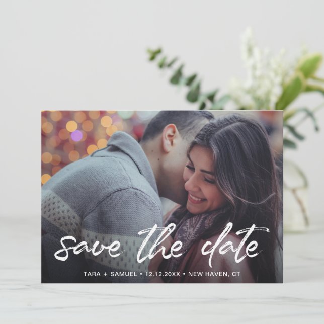 Simple Brush Script Photo Modern Wedding Save The Date (Standing Front)