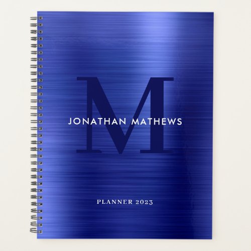 Simple Brushed Metallic Blue Classic Monogram Planner