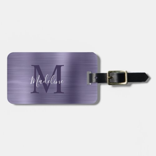 Simple Brushed Metallic Midnight Purple Monogram Luggage Tag