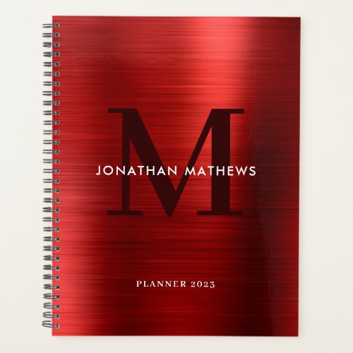 Simple Brushed Metallic Ruby Red Classic Monogram Planner
