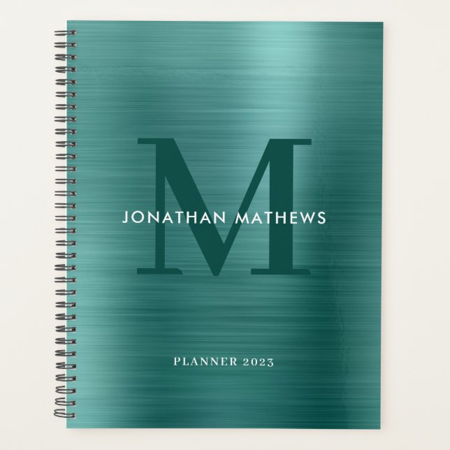 Simple Brushed Metallic Teal Classic Monogram Planner (Front)