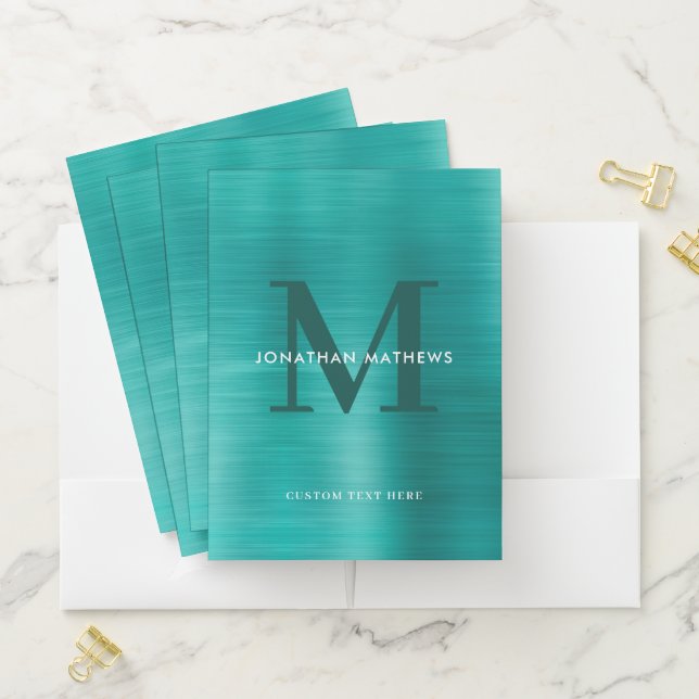 Simple Brushed Metallic Teal Classic Monogram Pocket Folder (In Situ)